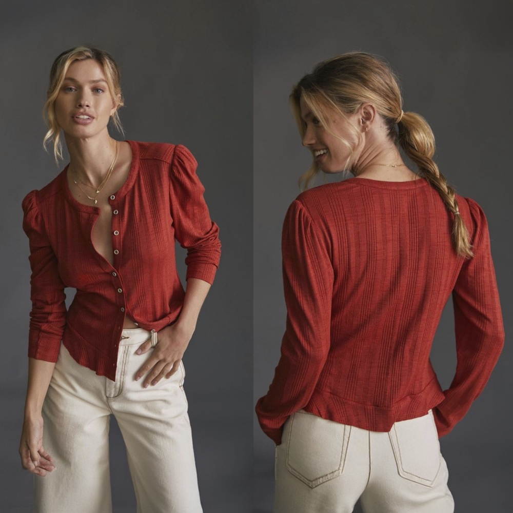 Anthropologie Pilcro Puff-Sleeved Cardigan Rust Red Size XS